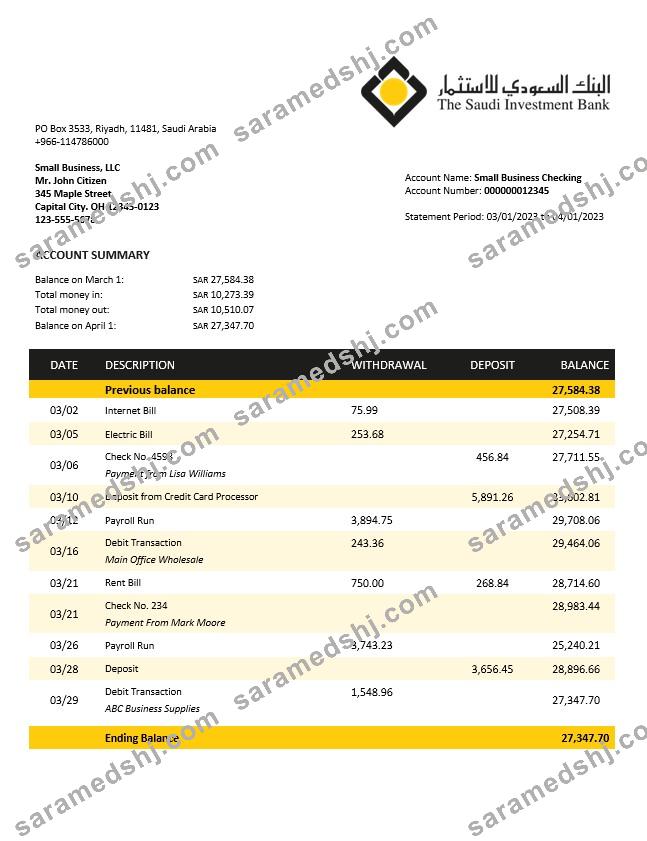 Saudi Investment Bank business checking account statement Word and PDF template